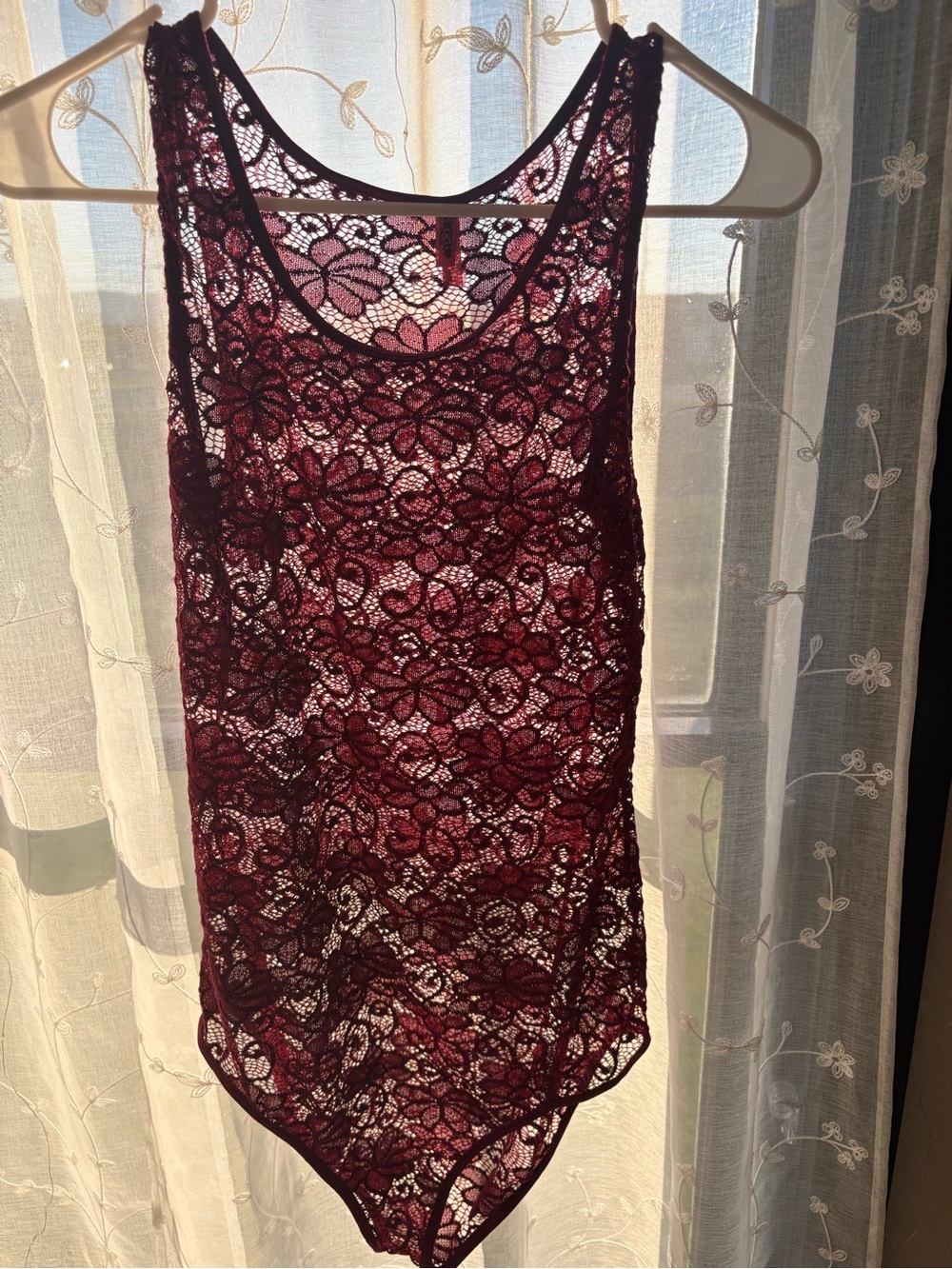 Lace Floral Tank Bodysuit - Burgundy